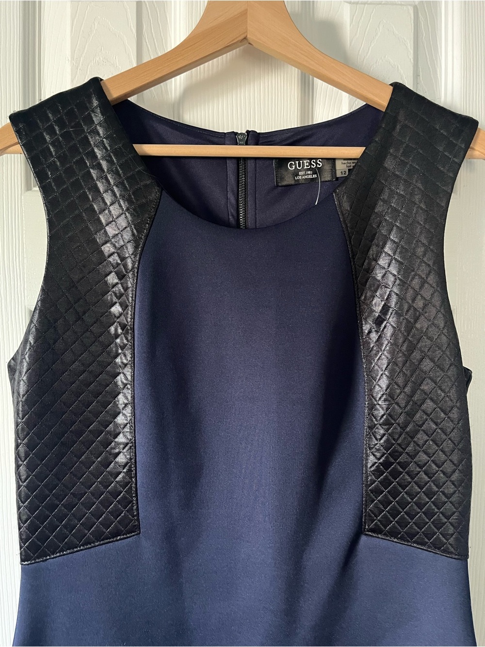 GUESS Navy Dress with Quilted Black Trim and Back Cutouts